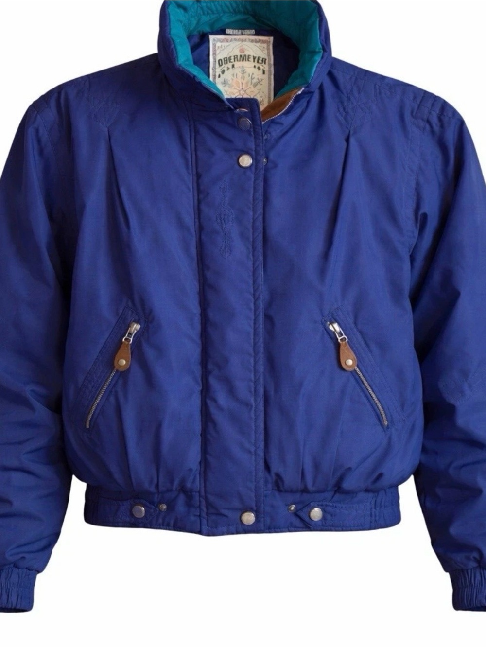 Vintage Obermeyer Ski Jacket Womens 4 Blue Embroidered Short Puffer 80s Size 10